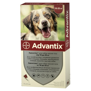 Адвантікс (Advantix) краплі на холку для собак від 10 до 25 кг, 4 піпетки, Bayer Адвантікс (Advantix) краплі на холку для собак від 10 до 25 кг, 4 піпетки, Bayer