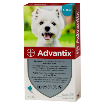 Адвантікс (Advantix) краплі на холку для собак від 4 до 10 кг, 4 піпетки, Bayer Адвантікс (Advantix) краплі на холку для собак від 4 до 10 кг, 4 піпетки, Bayer