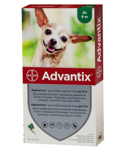 Адвантікс (Advantix) краплі на холку для собак до 4 кг, 4 піпетки, Bayer