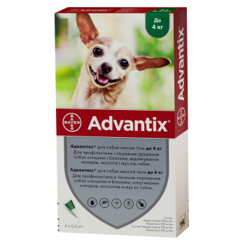 Адвантікс (Advantix) краплі на холку для собак до 4 кг, 4 піпетки, Bayer Адвантікс (Advantix) краплі на холку для собак до 4 кг, 4 піпетки, Bayer