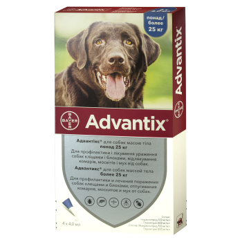 Адвантікс (Advantix) краплі на холку для собак від 25 до 40 кг, 4 піпетки, Bayer Адвантікс (Advantix) краплі на холку для собак від 25 до 40 кг, 4 піпетки, Bayer