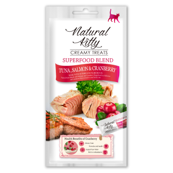 Ласощі - Крем-снек Natural Kitty для котів зі смаком тунця, лосося та журавлини, 4 шт по 12 гр Ласощі - Крем-снек Natural Kitty для котів зі смаком тунця, лосося та журавлини, 4 шт по 12 гр