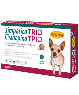 Simparica- Сімпаріка ТРІО (сароланер, моксидектин, пірантел) для собак 1,25-2,5 кг, 3 табл