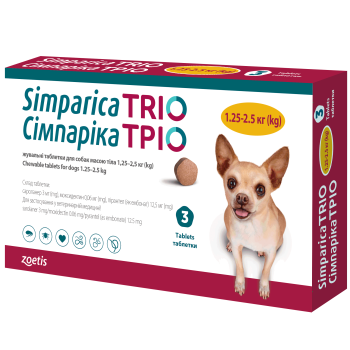 Simparica- Сімпаріка ТРІО (сароланер, моксидектин, пірантел) для собак 1,25-2,5 кг, 3 табл Simparica- Сімпаріка ТРІО (сароланер, моксидектин, пірантел) для собак 1,25-2,5 кг, 3 табл