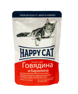 Happy Cat (Хеппі Кет) - Вологий корм для котів у вигляді шматочків в cоусі з яловичиною та бараниною, 100 г
