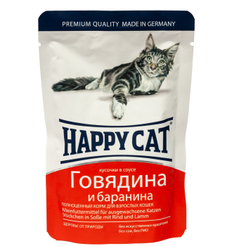 Happy Cat (Хеппі Кет) - Вологий корм для котів у вигляді шматочків в cоусі з яловичиною та бараниною, 100 г Happy Cat (Хеппі Кет) - Вологий корм для котів у вигляді шматочків в cоусі з яловичиною та бараниною, 100 г