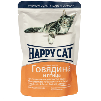 Happy Cat (Хеппі Кет) - Вологий корм для котів у вигляді шматочків в cоусі з яловичиною та птицею, 100 г Happy Cat (Хеппі Кет) - Вологий корм для котів у вигляді шматочків в cоусі з яловичиною та птицею, 100 г