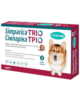 Simparica- Сімпаріка ТРІО (сароланер, моксидектин, пірантел) для собак 10-20 кг, 3 табл