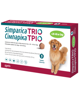 Simparica- Сімпаріка ТРІО (сароланер, моксидектин, пірантел) для собак 20-40 кг, 3 табл