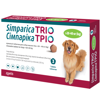 Simparica- Сімпаріка ТРІО (сароланер, моксидектин, пірантел) для собак 20-40 кг, 3 табл Simparica- Сімпаріка ТРІО (сароланер, моксидектин, пірантел) для собак 20-40 кг, 3 табл
