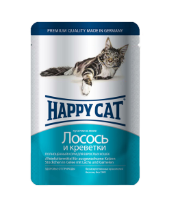 Happy Cat (Хеппі Кет) - Вологий корм для котів у вигляді шматочків в желе з лососем та криветкою, 100 г