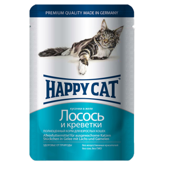 Happy Cat (Хеппі Кет) - Вологий корм для котів у вигляді шматочків в желе з лососем та криветкою, 100 г Happy Cat (Хеппі Кет) - Вологий корм для котів у вигляді шматочків в желе з лососем та криветкою, 100 г
