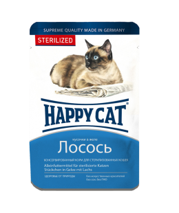 Happy Cat (Хеппі Кет) - Вологий корм для стерилізованих котів у вигляді шматочків в желе з лососем, 100 г