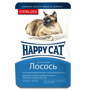 Happy Cat (Хеппі Кет) - Вологий корм для стерилізованих котів у вигляді шматочків в желе з лососем, 100 г Happy Cat (Хеппі Кет) - Вологий корм для стерилізованих котів у вигляді шматочків в желе з лососем, 100 г