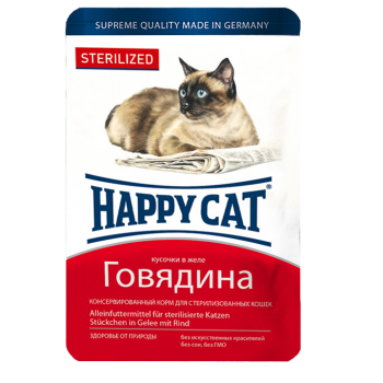 Happy Cat (Хеппі Кет) - Вологий корм для стерилізованих котів у вигляді шматочків в желе з яловичиною, 100 г Happy Cat (Хеппі Кет) - Вологий корм для стерилізованих котів у вигляді шматочків в желе з яловичиною, 100 г