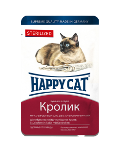 Happy Cat (Хеппі Кет) - Вологий корм для стерилізованих котів у вигляді шматочків в соусі з кроликом, 100 г